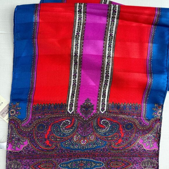 Plymouth Polyester Scarf 11x50 Paisley Stripe Red Purple Blue Vintage Italy - Picture 5 of 5